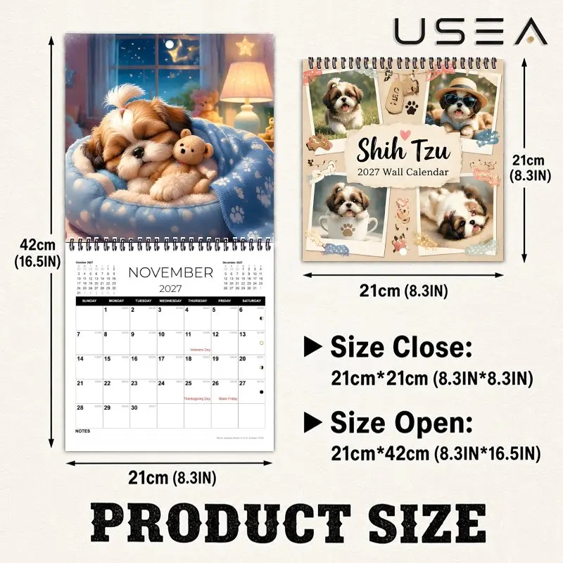 2027 Shih Tzu Wall Calendar, 12-Month Monthly Planner, Large Writable Blocks, US Federal Holidays, Aesthetic Wall Decor, Gift
