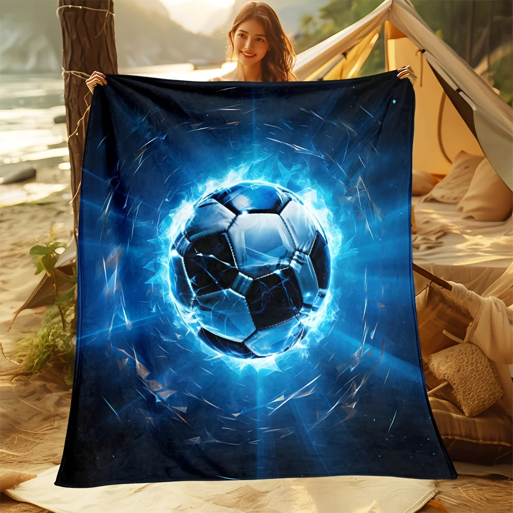 1pc Cozy Blue Lightning Football Print Flannel Blanket Lightweight Throw Blanket For Sofa Bed Livingroom Office Couch Travel Cam