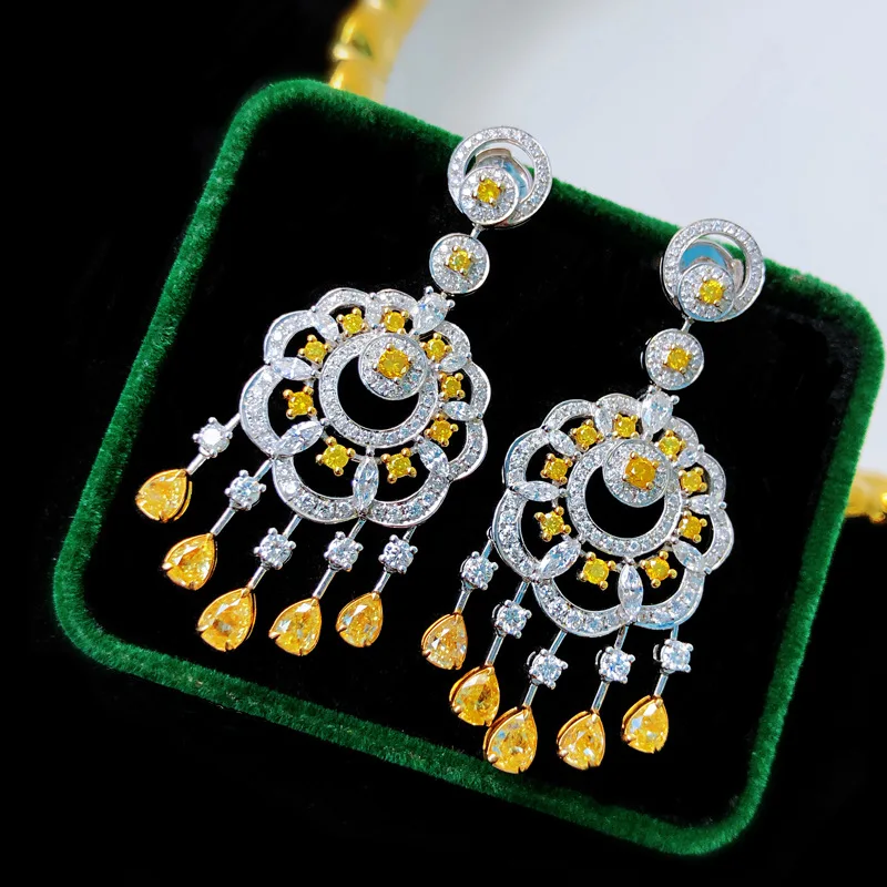 

New Luxury Asche Yellow Diamond Bohemian Earrings Swinging and Living Full Diamond Luxury High Carbon Diamond Earrings for Women