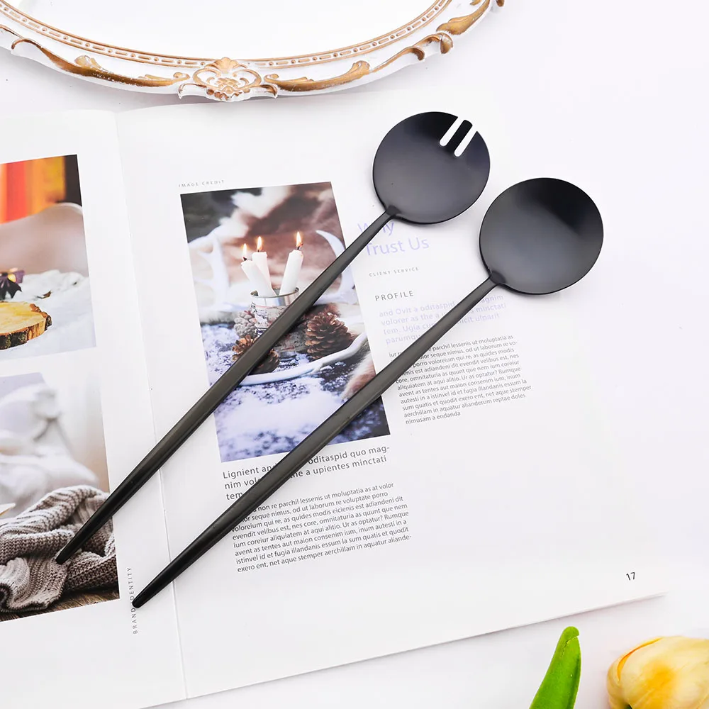 Serving Salad Spoon 2Pcs Black Salad Spoon Fork Set Long Handle Cutlery Set Stainless Steel Kitchenware Scoop Server Salad Set