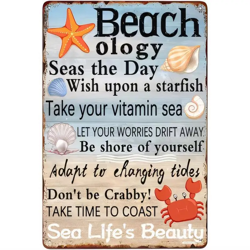 Vintage Beach - Themed Metal Tin Sign, Starfish/Seashells/Crab Design, Retro Iron Wall Art with Funny Beach Quotes, Perfect for