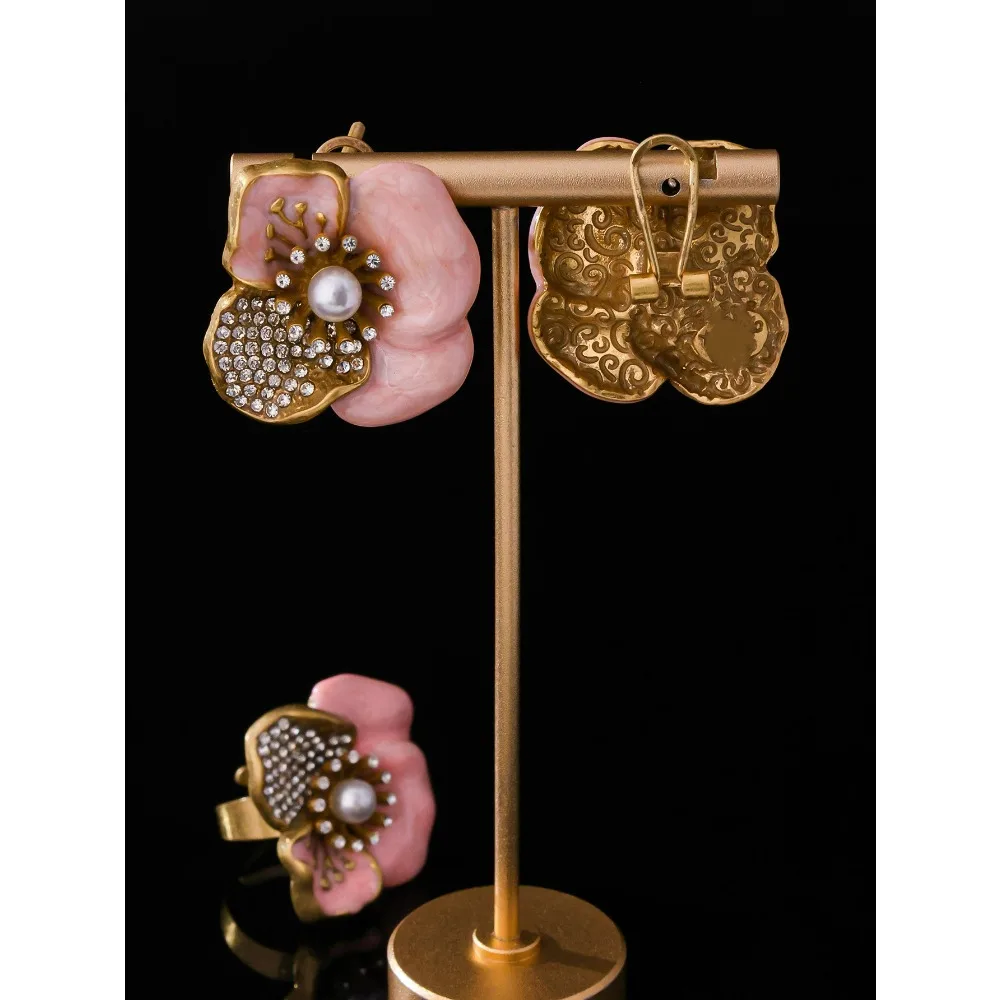 Russia Style Medieval Vintage Enamel Colorful Flower Earrings Light Luxury High-end Jewelry Set Rhinestone Paved Petal Ring