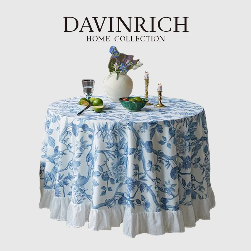 

DAVINRICH French Rustic Round Tablecloth With Lace Ruffles Spiraea Chrysanthemum Floral Bird Branch Garden Table Cloth Chic Deco