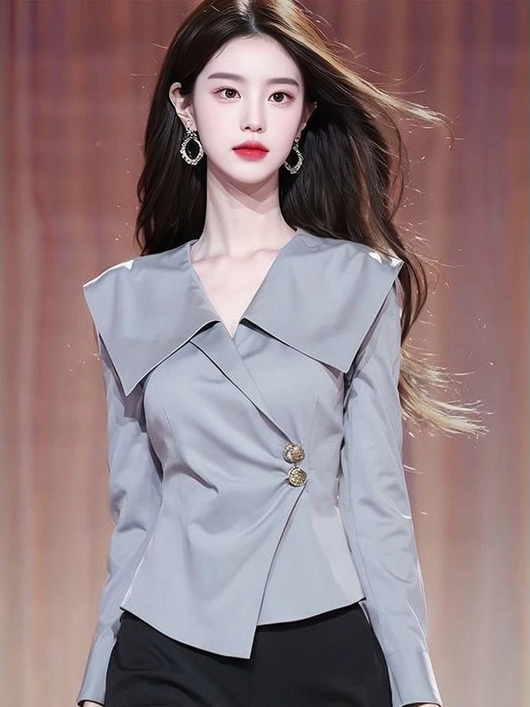

French Vintage Blouses Solid Color Irregular Button Shirts Turn Down Collar Long Sleeve Crop Tops Spring Elegant Women Clothing