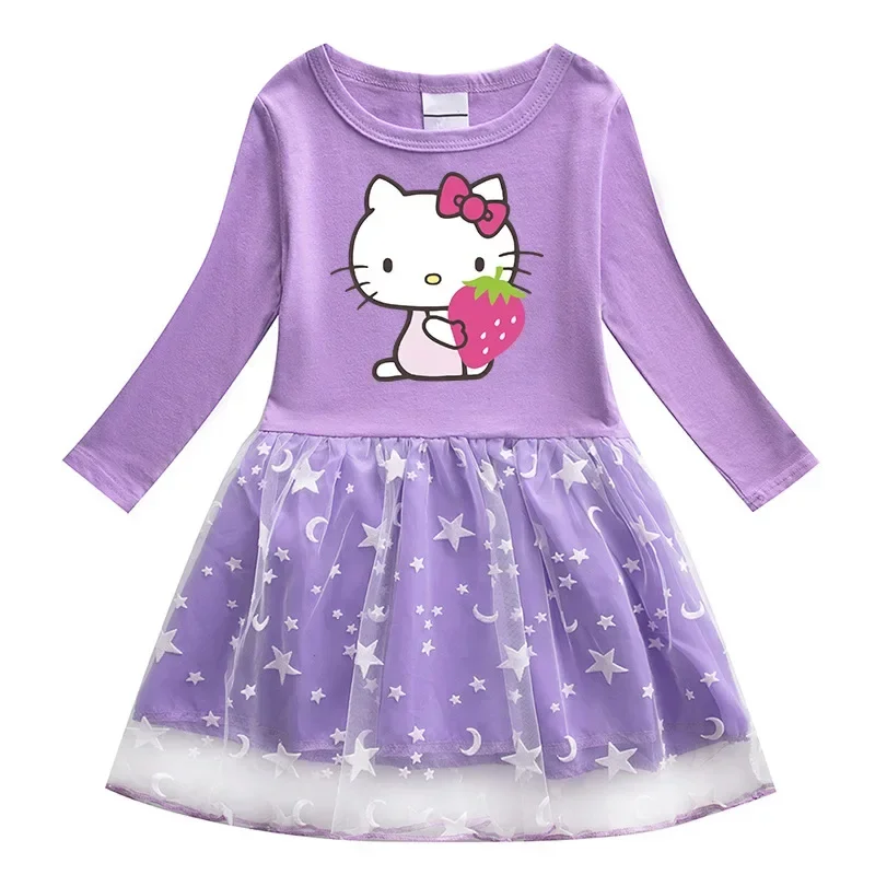 Sanrio hello kitty girl dress 2022 spring and autumn new children's clothing princess pleated star mesh dress