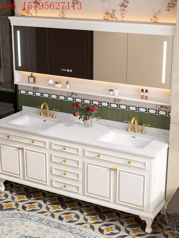 

Джазовая белая мраморная керамика под столешницей, двойной смеситель для раковины, модель французского пола, плюс большой шкаф для ванной комнаты с раковиной