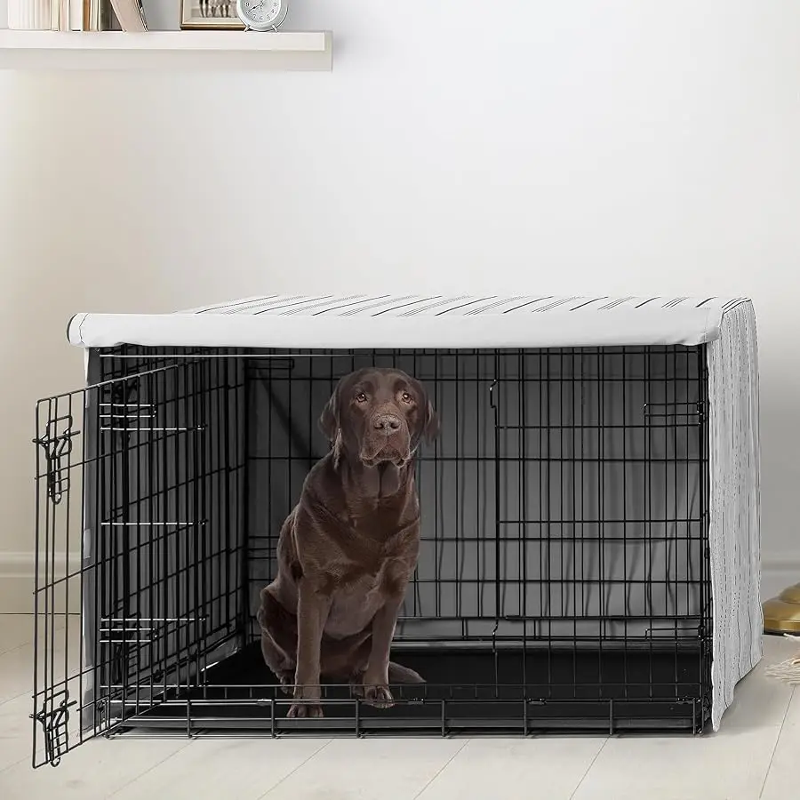 

42in. Medium/Large Dog Crate Co er (White and Grey Stripe) Pet Cage, Kennel Co ers (Modern, Neutral, Contemporary, Striped, Eleg