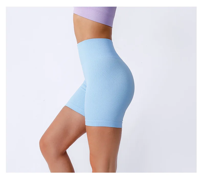 Gerippte Strickshorts für Damen, nahtlose Yoga-Shorts, dehnbare Shorts mit hoher Taille, sexy Hüftheben, Radfahren, Laufen, Dreipunkthose – Detail 8