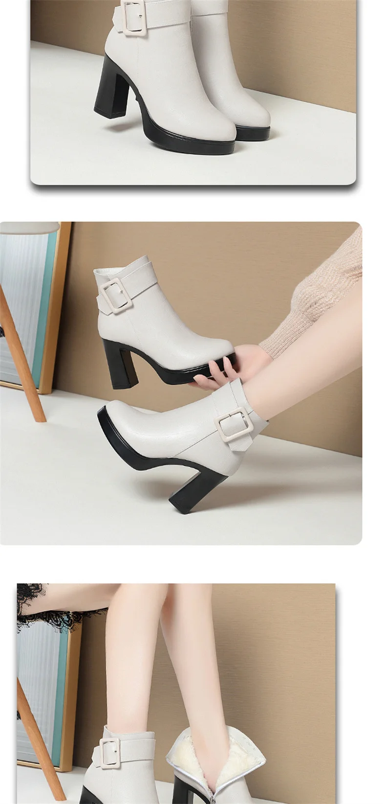 Winter Black Thick High Heel Ankle Boots Women 2024 Keep Warm Fashion Elegant Short Buckle Decoration Leather Boots