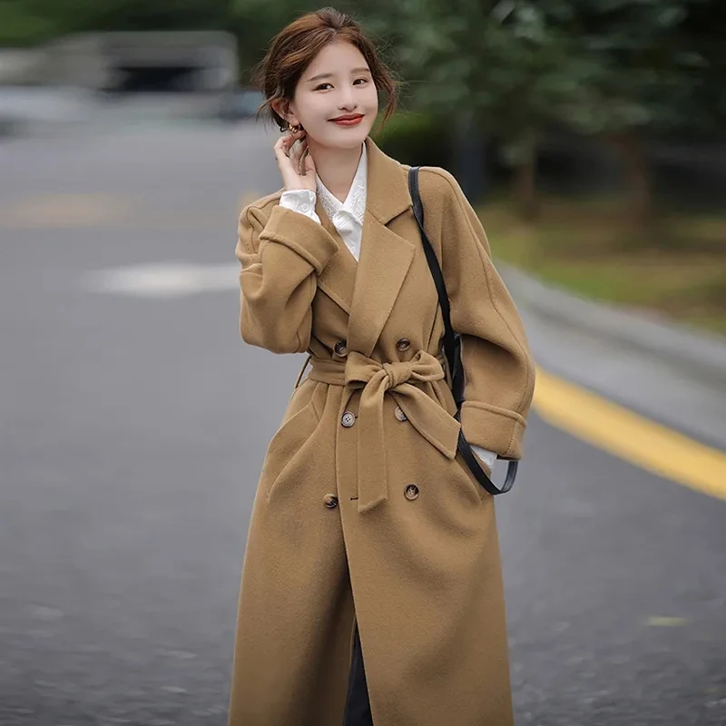 Double-Faced Woolen Coat for Women, Loose Overcoat, Long Double-Breasted, Windbreakers Coat, New Fashion, Autumn Winter, 2025