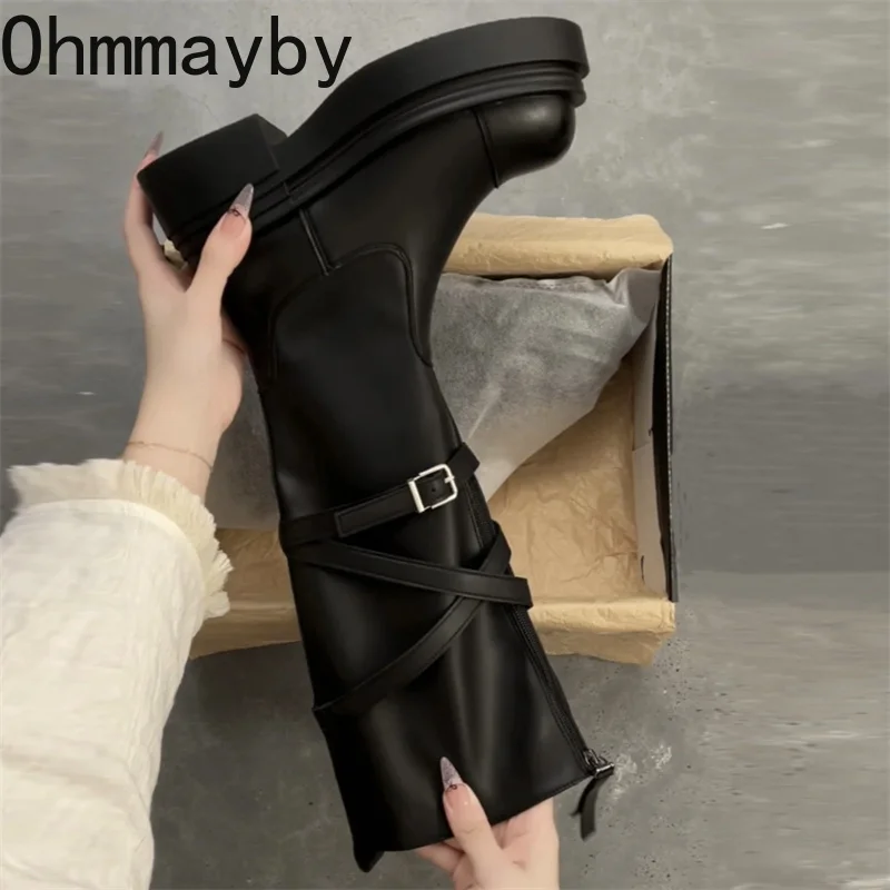 

Winter Vintage Platform Thick Sole Woman Knee High Boots Fashion Belt Buckle Front zipper Shoes Ladies Slim Knight Long Botas