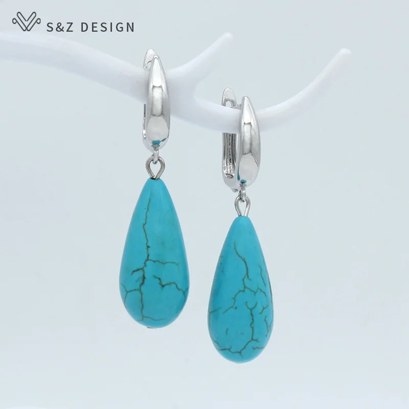 S&Z DESIGN New Rose Gold Color Water Drop Synthetic Turquoises Dangle Earrings For Women Wedding Elegant Jewelry Gift