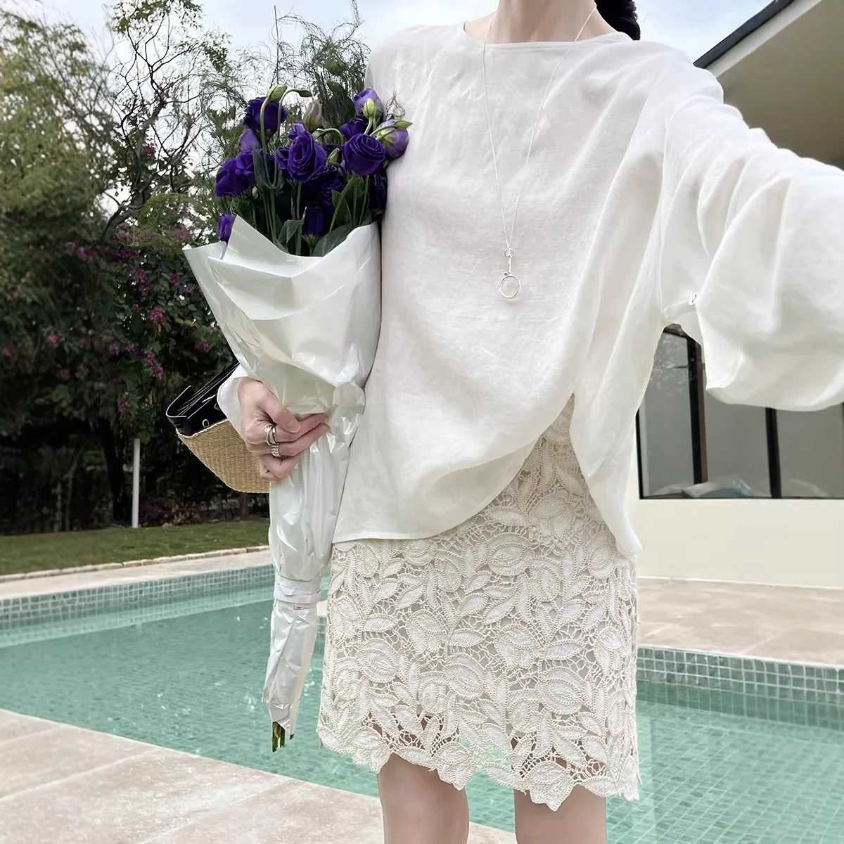 Spring Summer Korean Style High-Waist Anti-Wrinkle Lace Polyester Short Skirt Tulip Embossed Embroidery for Women