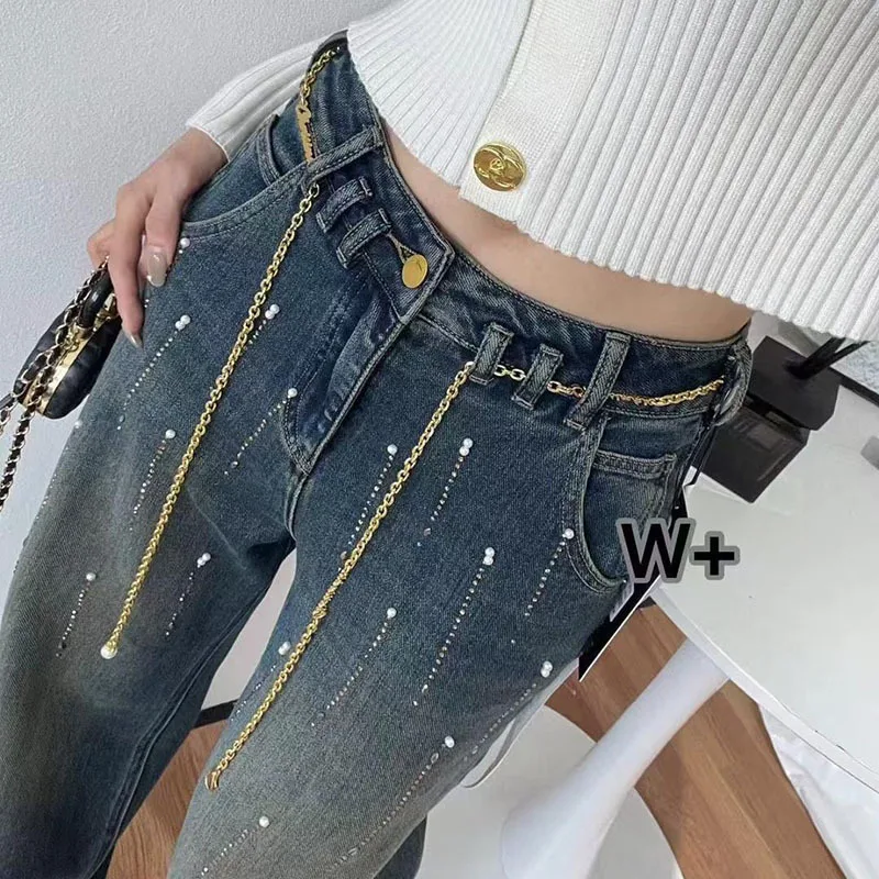 

Новые весенние свободные широкие джинсы для женщин, европейские товары Ins Hot Diamond, брюки 2025 года, универсальные брюки-поло с высокой талией