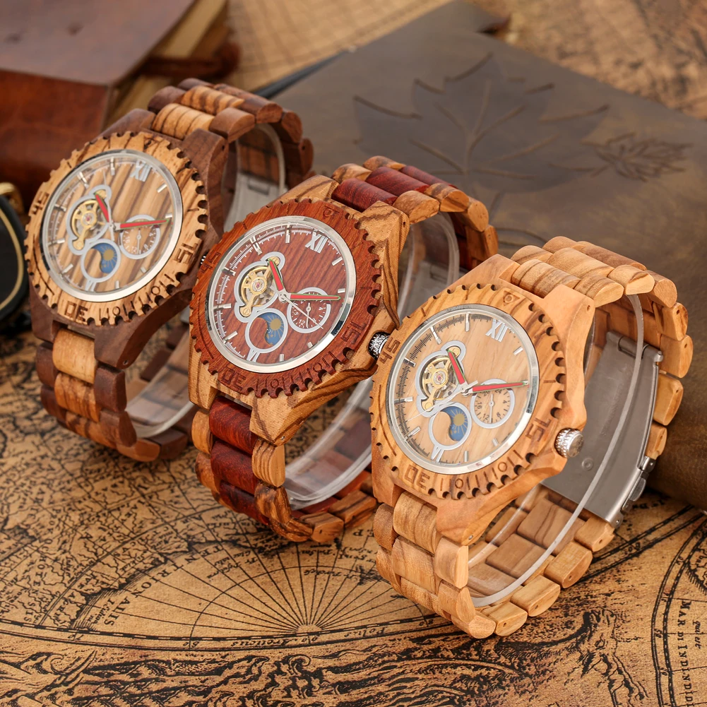Moon Phase Automatic Mechanical Wood Watch Walnut/Zebra/Olive Wood Wooden Watch Band Casual Retro Style Wristwatch for Men