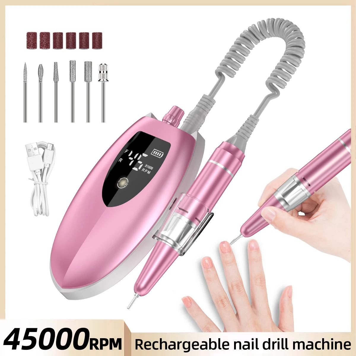 

45000RPM USB Nail Drill Machine Portable Polish Gel Sander Electric Professional Nail Lathe With LCD Display Nail Art Tools