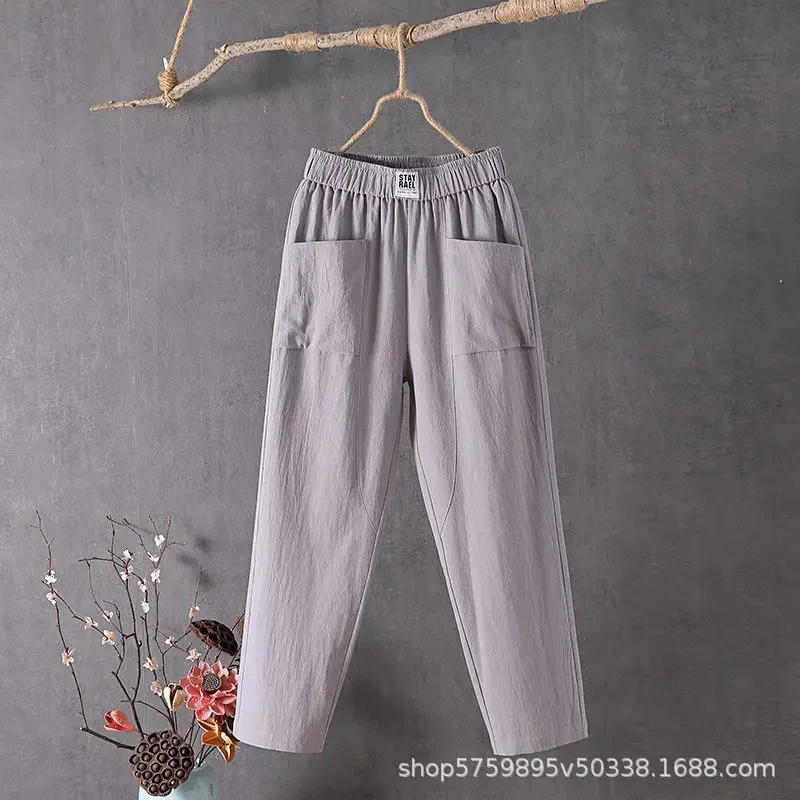 Summer Casual Cotton Linen Harem Pants Women Large Size Loose High Waist Elastic Ankle-length Pants Solid Lady Pocket Trousers