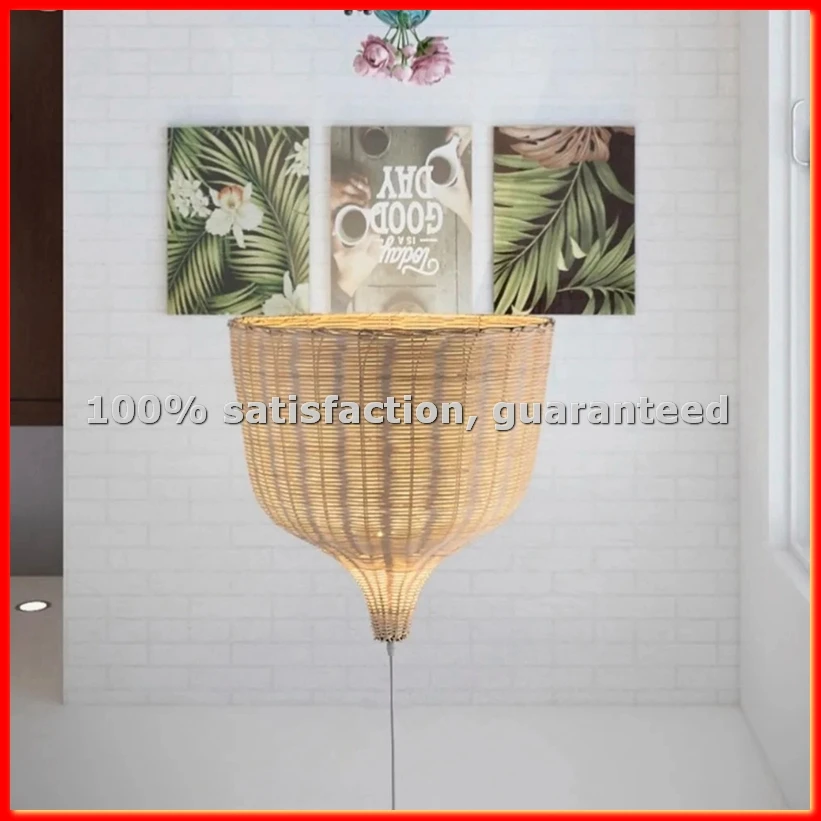 Customization Chinese Indoor Bamboo Weaving Wicker Pendant Light Retro Round Wooden Rattan Hand Woven Chandelier-ABWY