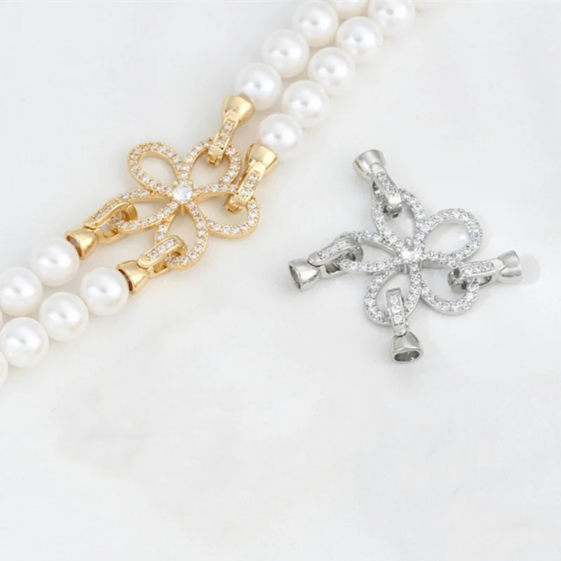 

1pcs Copper Gold-plated Micro-set Zircon Camellia Double Hanging Pearl Necklace Connecting Buckle DIY Jewelry Making Accessories