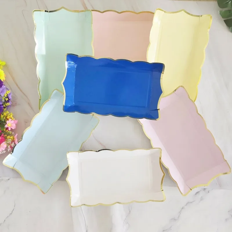 4pcs Rectangular Disposable Tableware Pinkycolor Paper Plates Stamping Gold Picnic Plates Happy Macaron Birthday Party Supplies