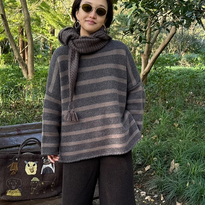 

Loose striped 100% pure wool women's round-neck knitted pullover 2025 new autumn and winter versatile cashmere sweater