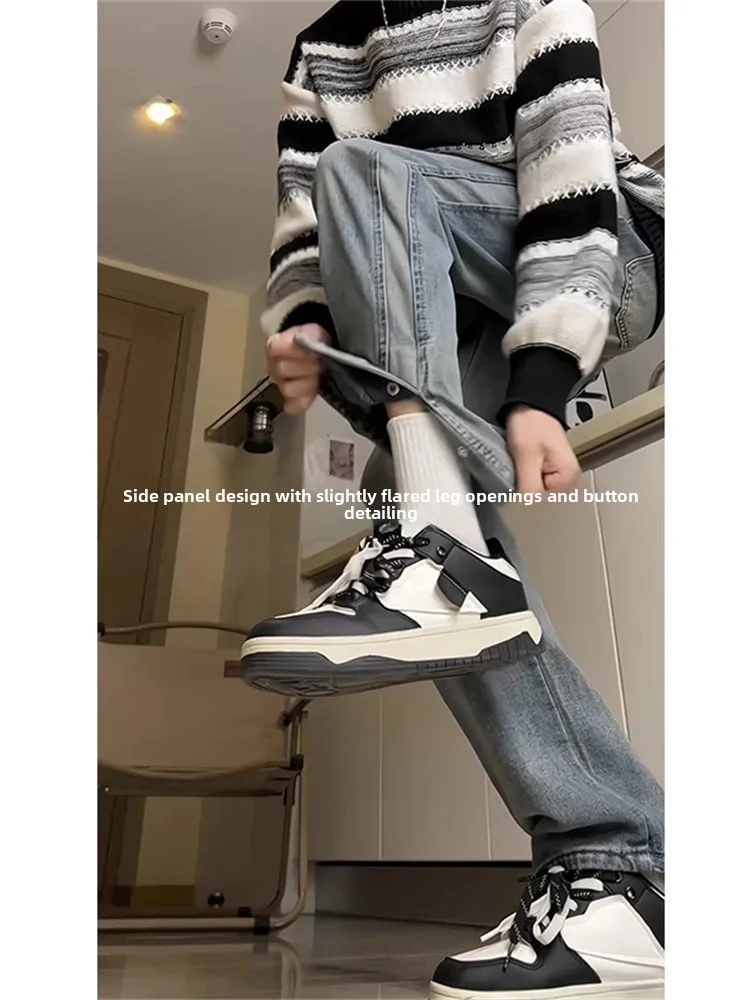 

American Retro Sle Men's Jeans Spring Autumn Loose Fit Button Split Micro Flare Pants Clean Fit Long Trousers Youth Trend