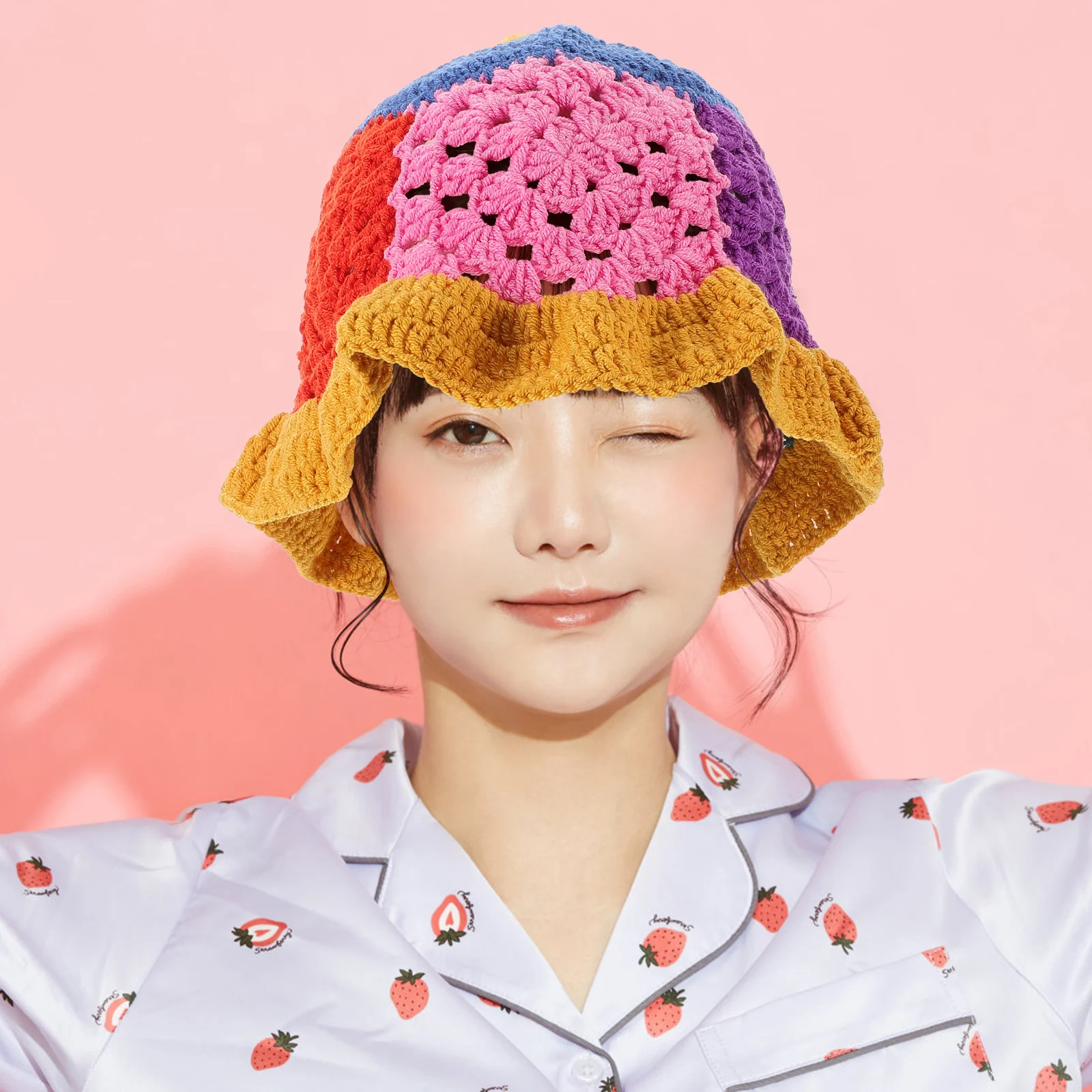 

Vintage Crochet Floral Bucket Hat Hand Knitted Yellow Edge Autumn Winter Stylish Japanese Design Women Warm Cap