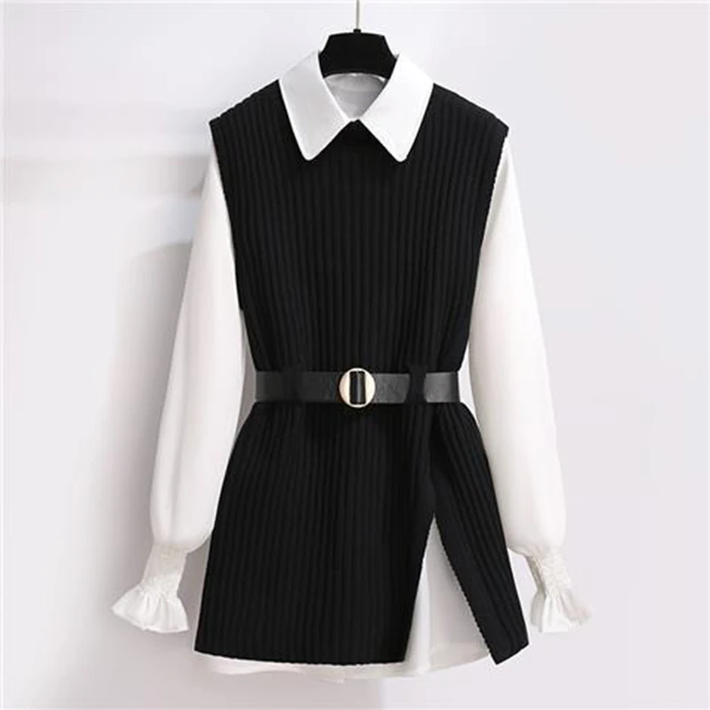 Autumn Winter Round Neck Casual Fashion Knitted Slit Vest Elegant White Shirt Set Ladies Belt All-match Sweater Tank Top Blouse