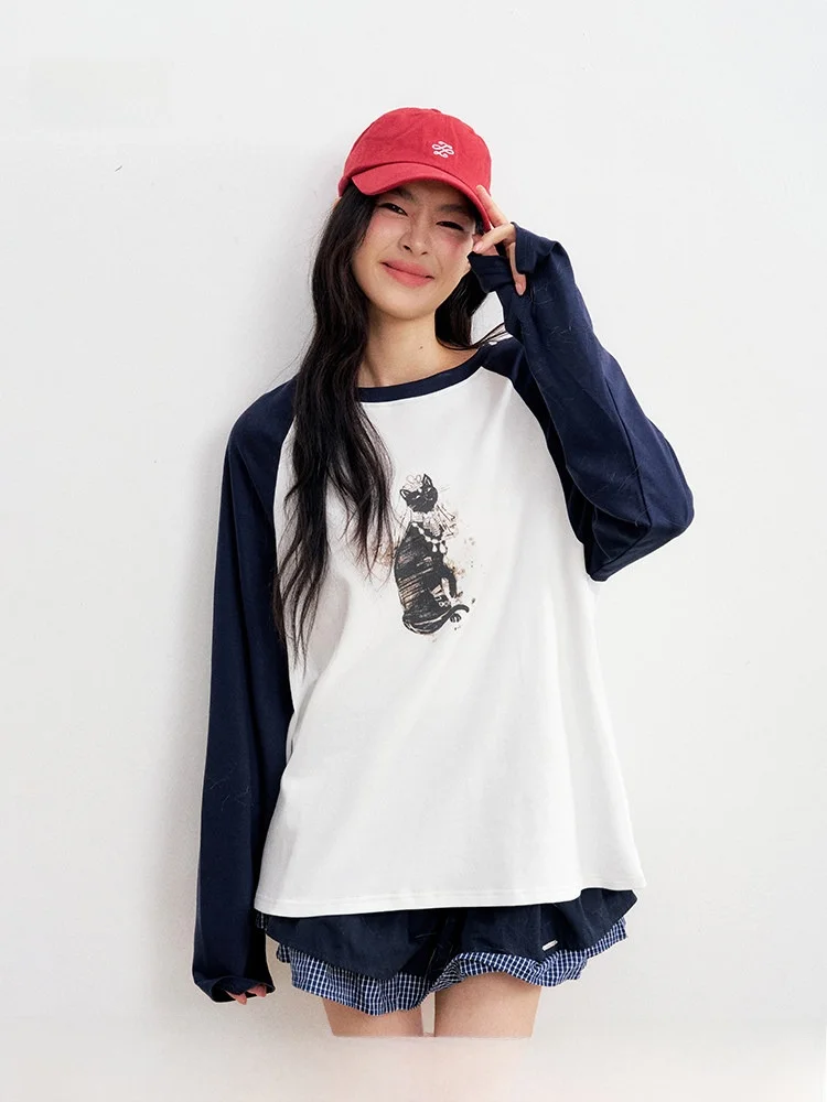 

Женская повседневная хлопковая футболка свободного кроя с длинным рукавом, принтом на плечах и цветовыми блоками, подходит для прогулок