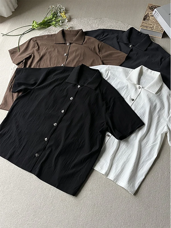 

High-End Lyocell Texture Mixed ort-Sve irt Summer Versatile Cool Feeling Pleated Youthful Sle Flat Iron Treaent