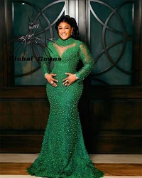 Green Pearls Aso Ebi Evening Dresses Full Sleeve O Neck Luxury Dress Women 2024 Bead Mermaid Special Occasion Gown Customized