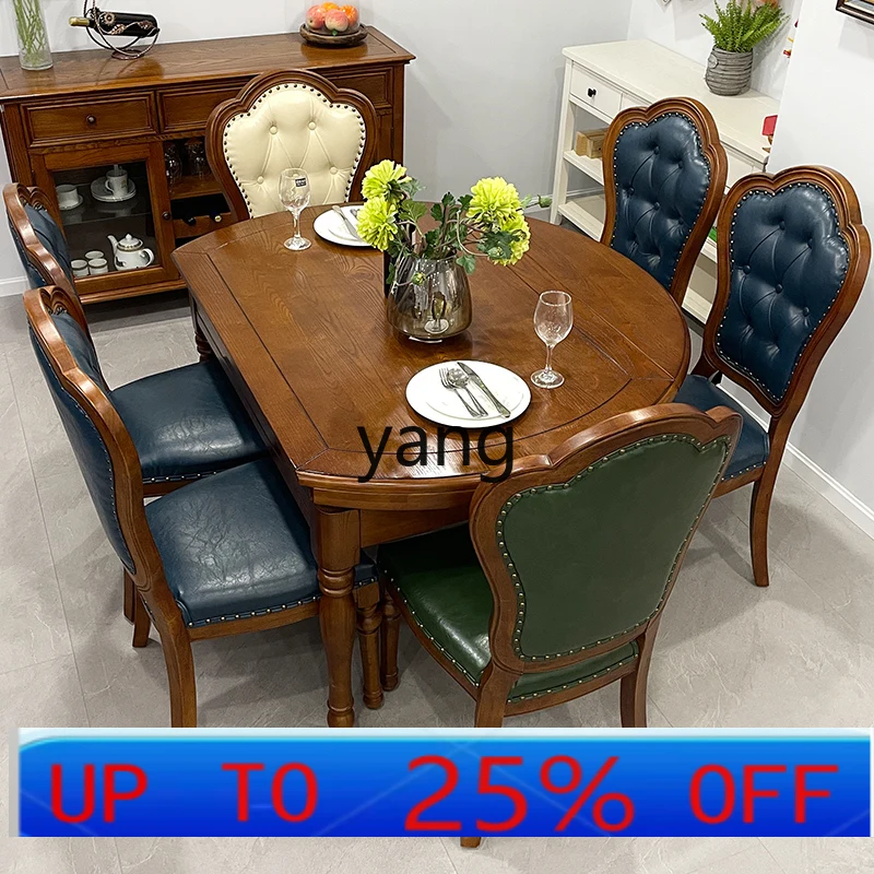 

Lmm all solid wood dining table and chair combination telescopic retro simple folding household round table