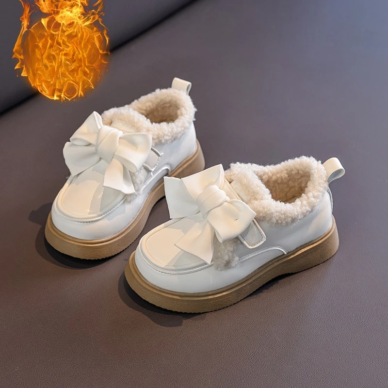 

Girls Princess Shoes Round Toes Versatile Kids Leather Shoes with Big Bows 2025 Winter New Children Flat Shoes Suede Warm Soft