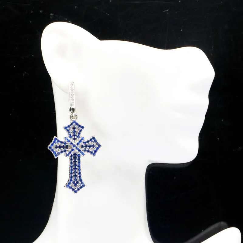 48x24mm Eye Catching Long Cross Tanzanite White Sapphire Orange Spessartine Garnet Ladies Dating Silver Plated Earrings