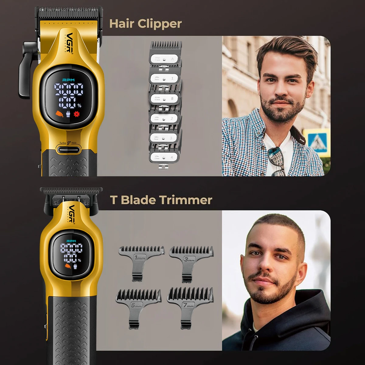Vgr 886 conjunto de máquina de cortar cabelo masculina 9000 rpm máquina de corte de cabelo recarregável conjunto completo base aparadores de cabelo homem 37