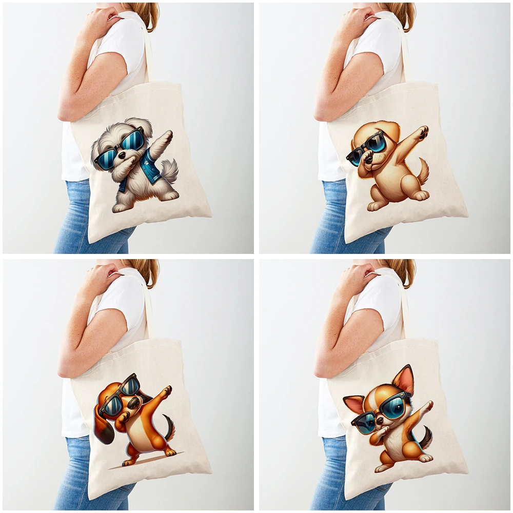 

Cute Cartoon Cool Sunglasses Dog Art Tote Handbag Reusable Fashion Dog Animal Print Casual Canvas Cloth Shopping Shoulder Bag