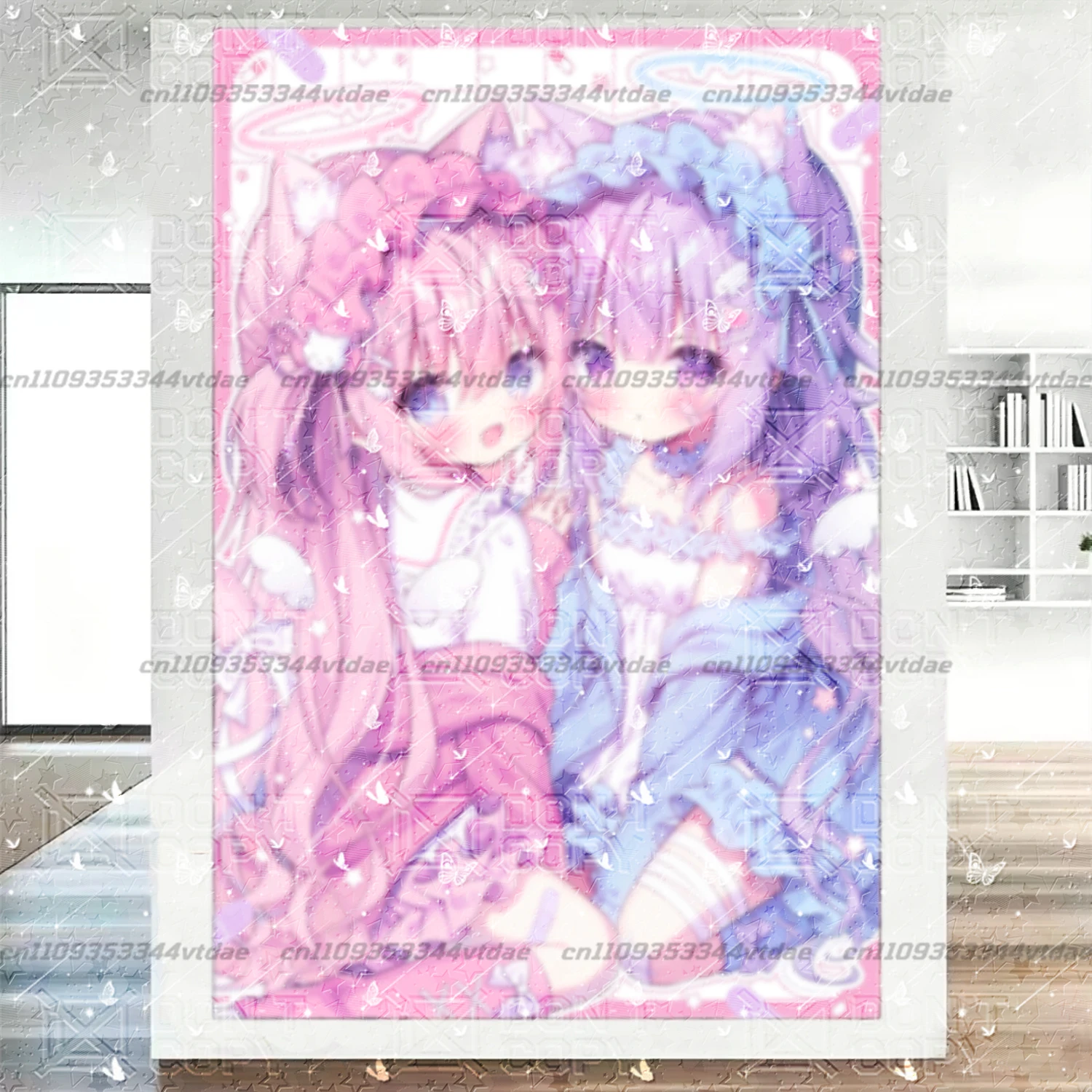 Vertical Anime Tapestry Twin Cat Ear Angel Girls Pink Blue Lolita Wall Hanging Pastel Dreamy Background Cloth for Bedroom Decor