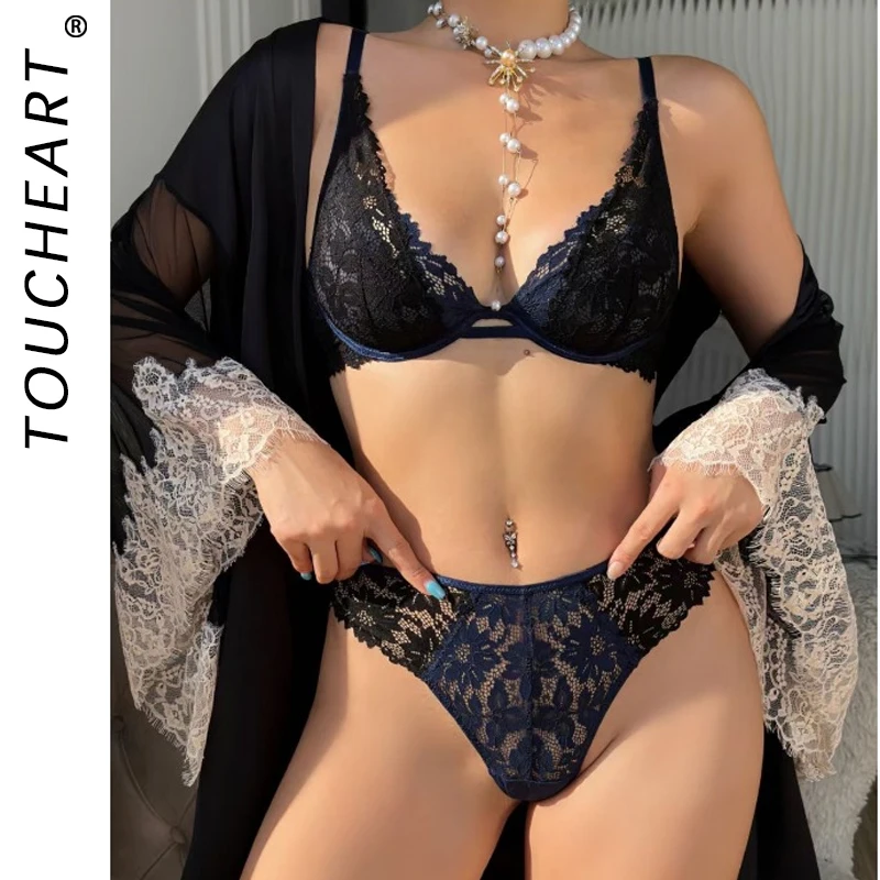 

Toucheart Sexy Underwear Women's Ultra-thin See-Through Mesh Printing Lace Contrast Color Underwear Anti-Sagging Sexy Bra Set