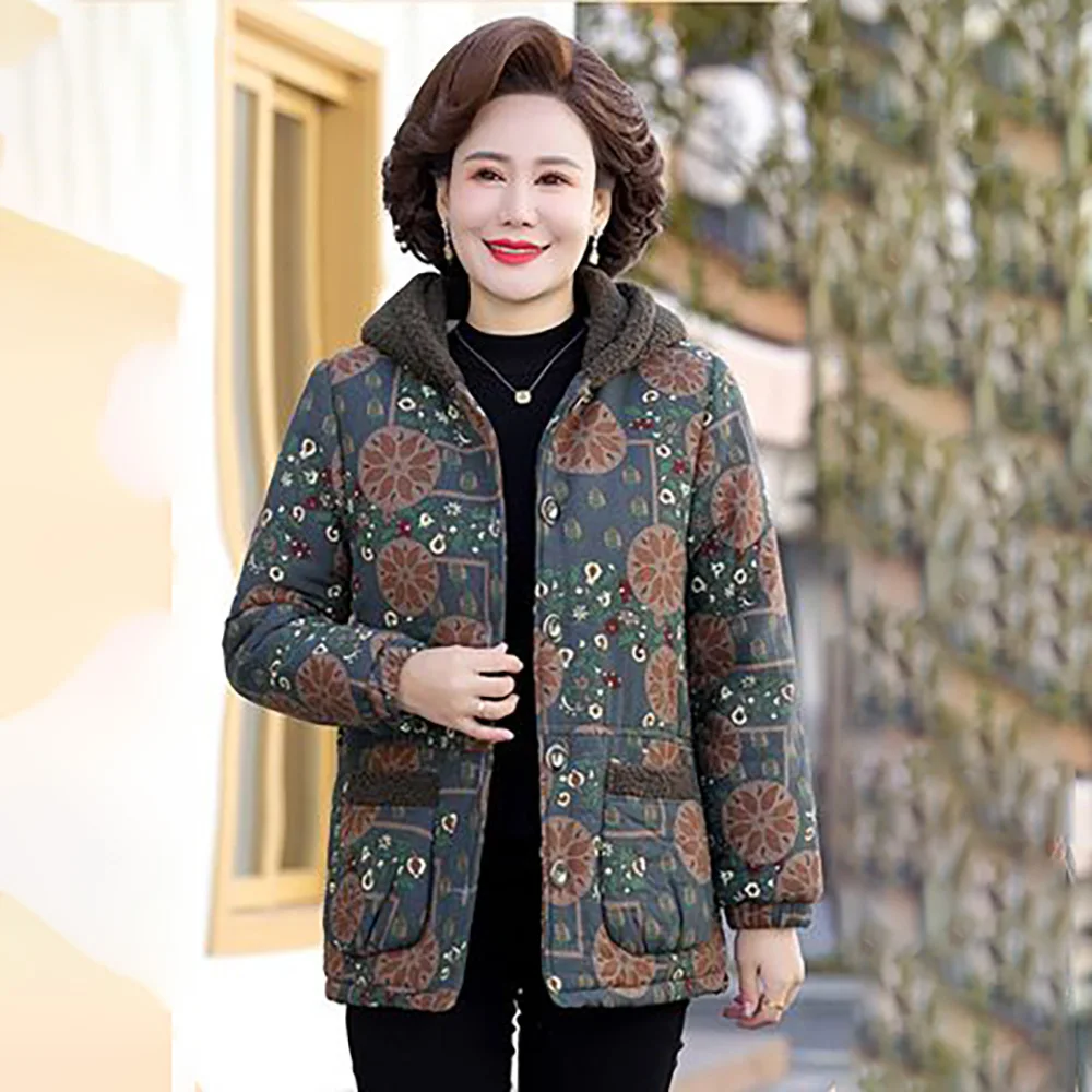 Mom's Winter Fleece Warm Loose Coat For Middle-aged And Elderly Women's New Large-size Hooded Cotton-padded Jacket For Women 5XL