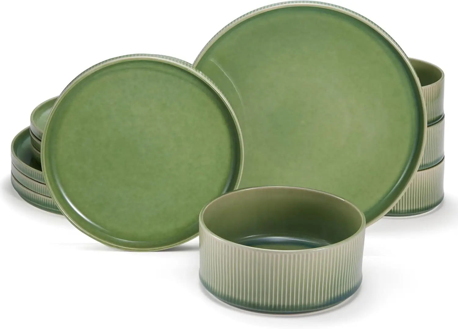 

Ceramic Dinnerware Set,12-Piece Service for 4, 9.8” Dinner Plates, 8” Salad Plates, 20 oz Bowls Microwave & Dishwasher MossGreen