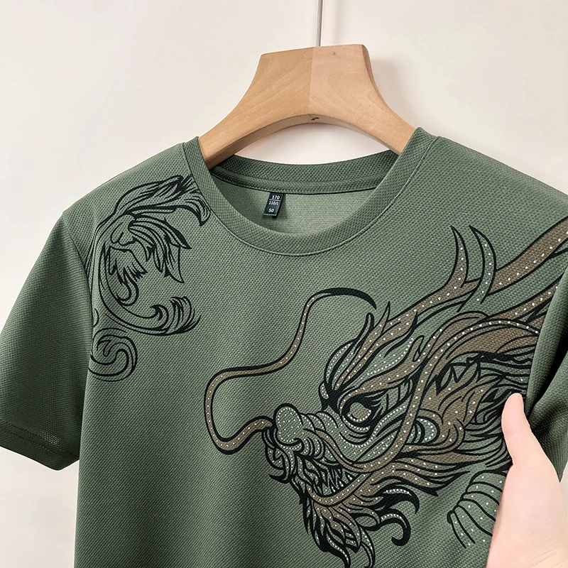 Summer Trendy Dragon Pattern Hot Drill Printing Round Neck Short-sleeved T-shirt for Men Designer Style New Casual Versatile Top