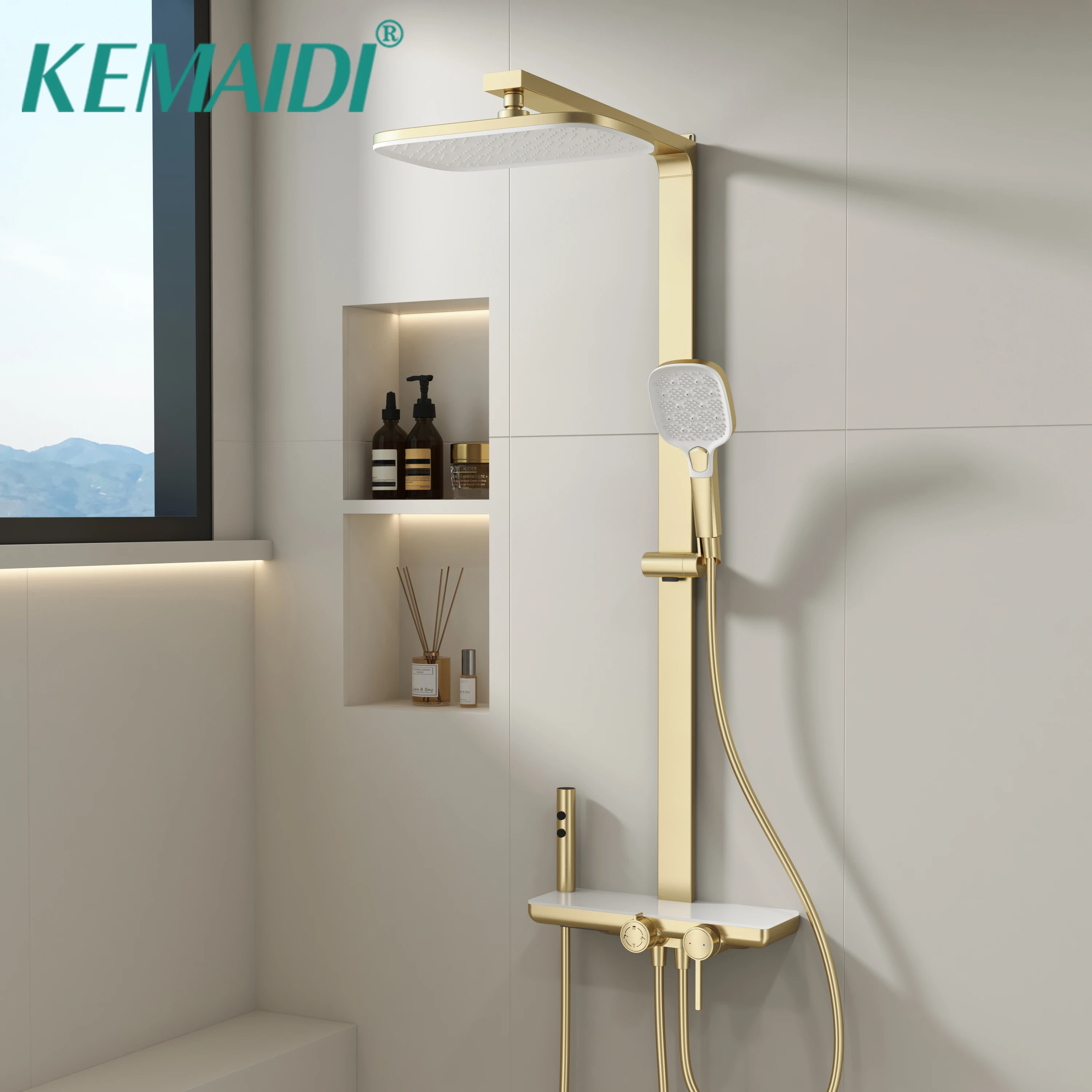 KEMAID Bathroom Shower Set Control Multifunctional Bath Shower Faucet System W/ Hand Shower Sprayer Brushed Gold Shower System