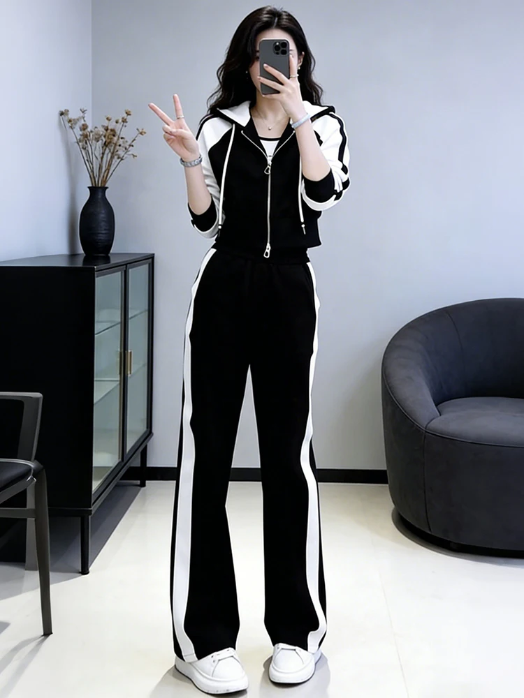 

Faionable Bla White Color Blo Set Women's Lazy Sle Hoodie Open Cardigan Wide Leg Pants Spring New Arrival Casual Spor...