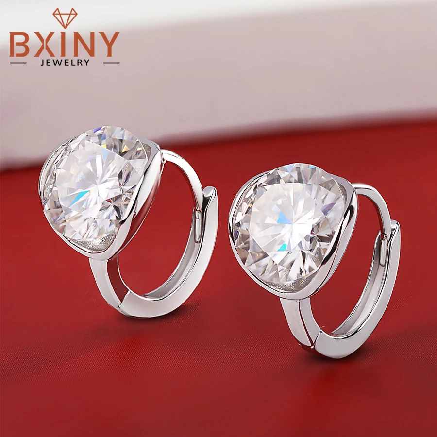 BXINY Round Cut Moissanite Huggie Hoop Earrings S925 Silver Bezel Set Diamond Ear Buckle for Women Gift Fine Jewelry Certificate