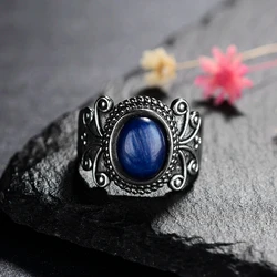 Retro Silver S925 Rings Natural Oval Kyanite Rings for Women Fine Jewelry Party Birthday Gift Elegant Ring