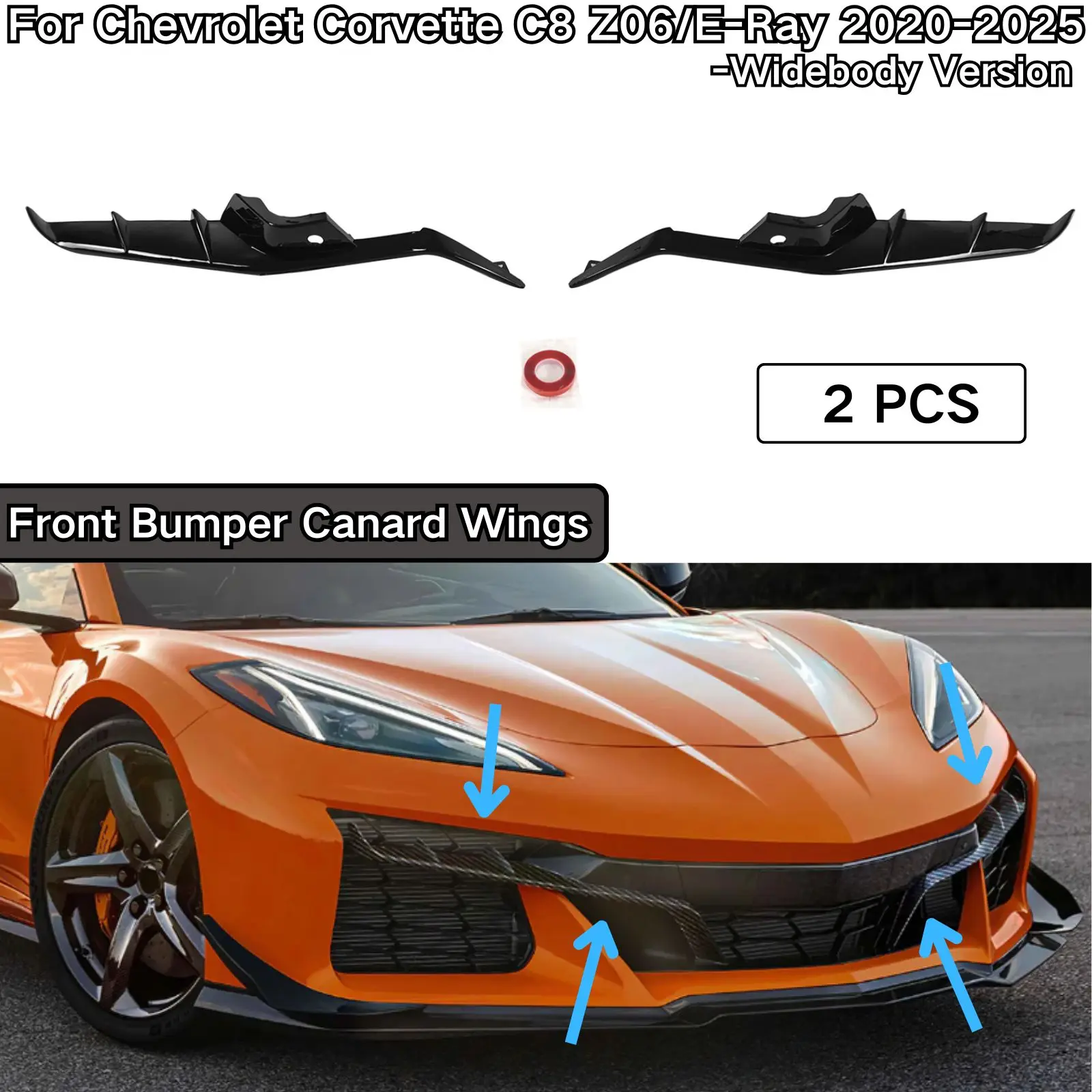 

Для Chevrolet Corvette C8 Z06/E-Ray 2020-2025 передний бампер Canard Wings, широкая версия, глянцевое черное окрашенное углеродное волокно