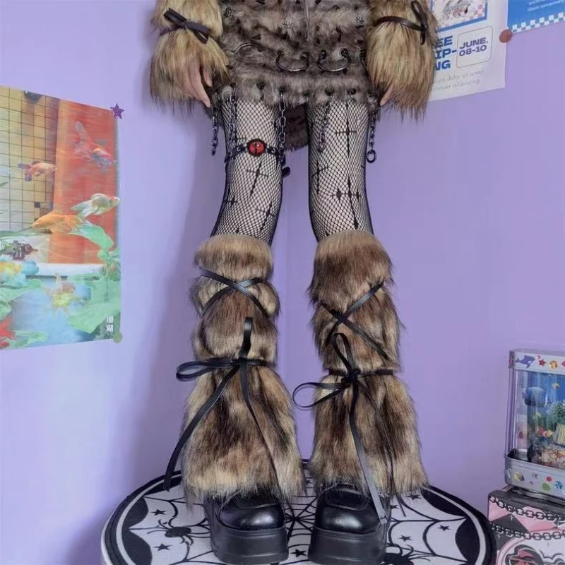 Winter Faux Wool Warm Leg Warmers Tie Down Extra Long Sleeve Set Punk Style Arm Warmers Boot Warmers Halloween Stage Costumes