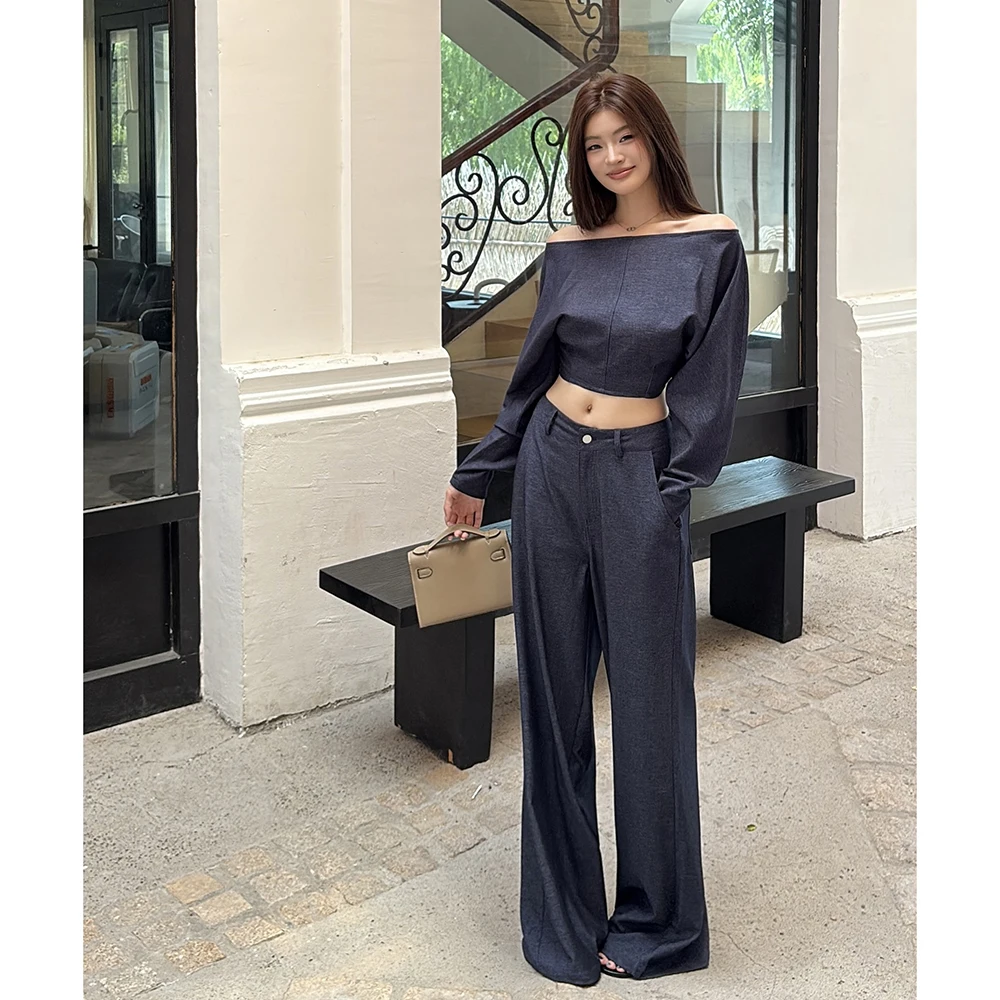 

Women's Spring Autumn Streetwear Two Pieces Pants Set Lady Off Shoulder Long Sleeve Short Top + Wide Leg Full Length Pants