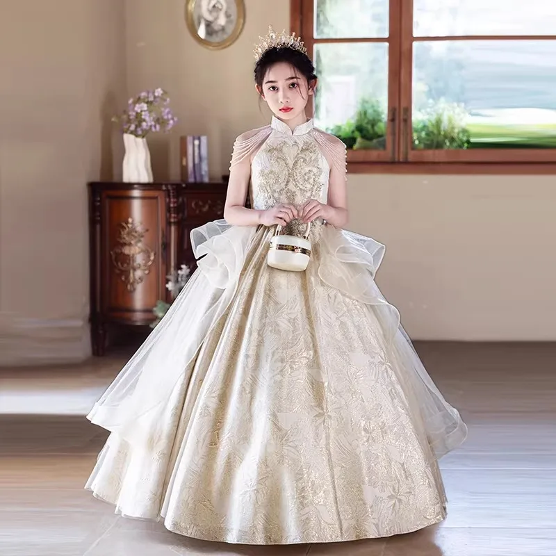 New Champagne Sleeveless Tassel Children Flower Girl Dress Kids Birthday Princess Gown Pageant Formal Party Celebration Outfit