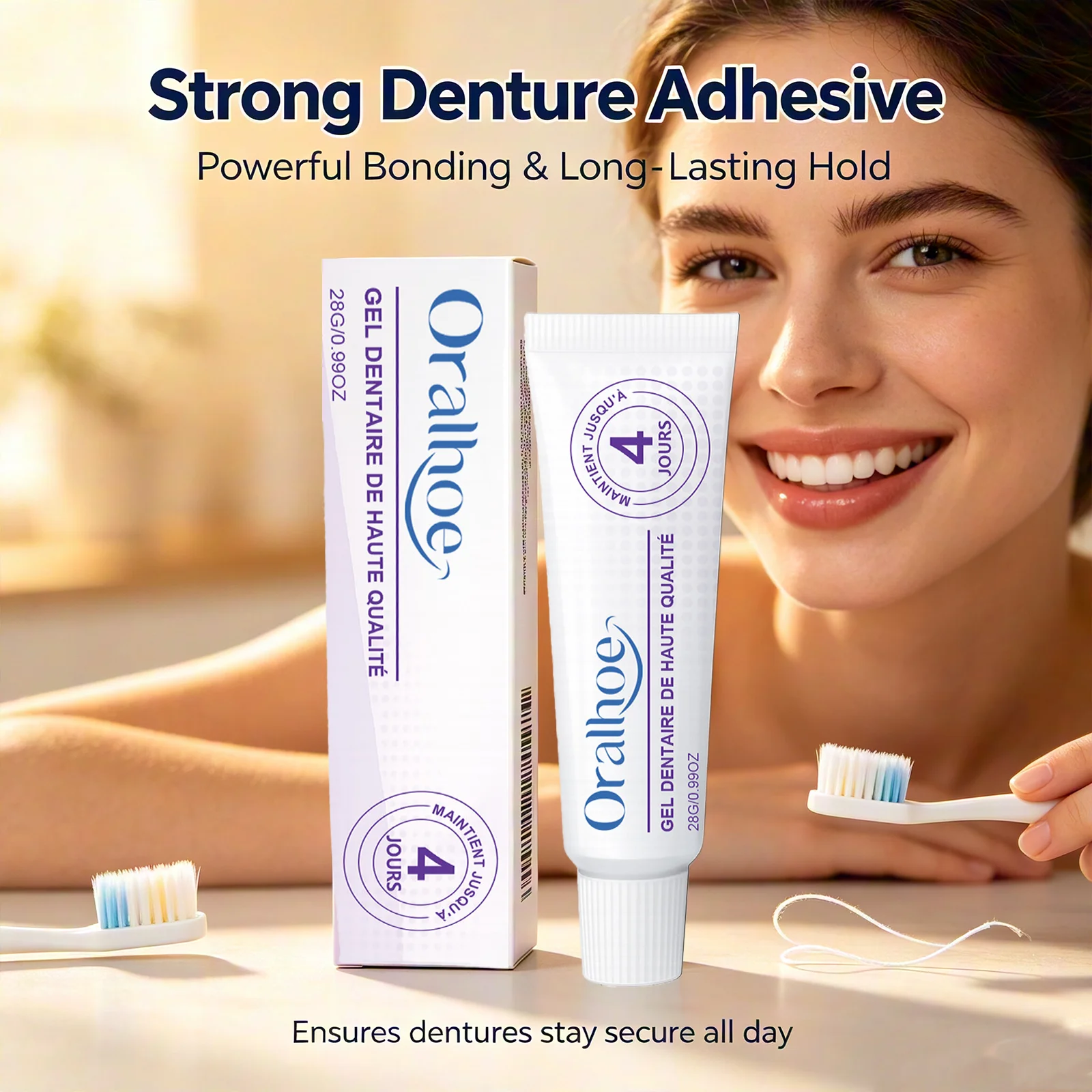 Oralhoe Denture Adhesive Long Lasting Fixation Denture Glue for False Teeth Denture Care Comfortable Portable Denture Fixing Gel